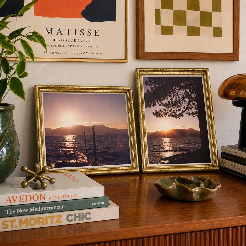 Vintage Framed‎ Sunset Photography Pair Gold Tone Frames Wall Decor 1980s